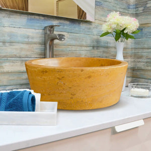 Oasis Gold Travertine bathroom sink vessel; above-vanity, honed honey-gold stone.
