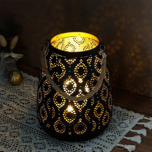 8''H Moroccan metal lamp, black with gold brush pattern, battery-operated lantern with rope handle and warm glow
