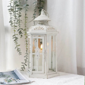 12-inch tall candle lantern in distressed white metal with gold brush accents, JHY DESIGN decorative piece