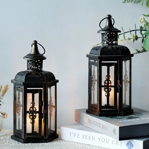 Decorative candle lanterns (2) - 12-inch tall, black metal with antique gold brush, glass panels