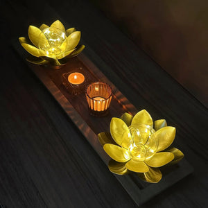 Set of 2 gold lotus battery-operated table lamps by JHY DESIGN; gold finish, 6 dia x 3.34 in high.