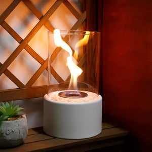 10.5in Tabletop Fire Bowl Pot Fireplace in a glass cylinder with white stones by JHY DESIGN gel/ethanol fireplace