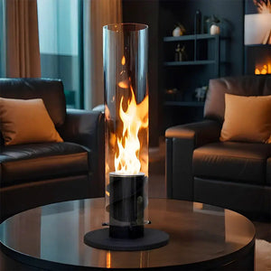 17''H Clean-Burning Bio Ethanol Ventless Fireplace by JHY DESIGN; tall glass cylinder with orange flames
