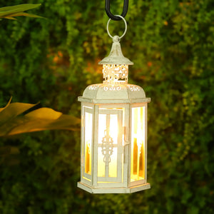 10-inch vintage-style hanging metal candle lantern with distressed gray finish