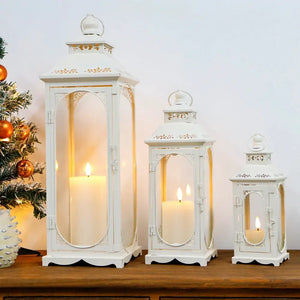 Set of 3 cream-white decorative candle lanterns; metal-and-glass by JHY DESIGN in tall, medium, and small sizes.