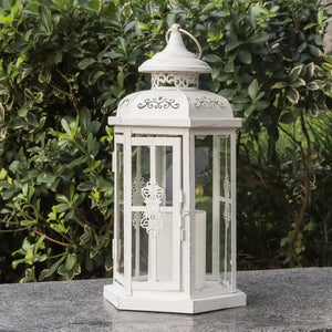 12in H Medium Candle Lantern, white with gold brush finish, vintage metal decorative lantern