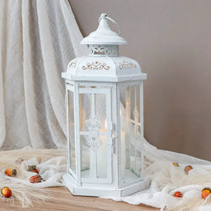 12-inch tall white metal candle lantern with gold brush accents, vintage style