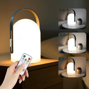 JHY DESIGN 4000mAh portable outdoor rechargeable bedside table lamp with black arched handle and white frosted globe.