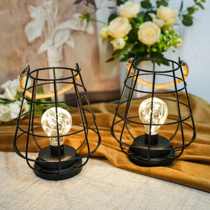 Set of 2 JHY DESIGN black metal cage bulb lantern table lamps with rope handles, battery-operated