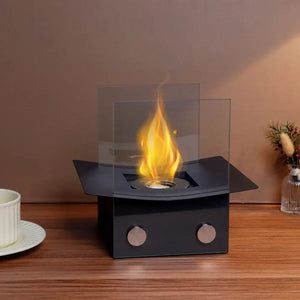 8-inch H Portable Tabletop Fireplace by JHY DESIGN; black metal unit with glass windscreen and dual knobs.