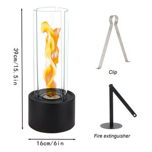 JHY DESIGN Cylindrical bioethanol vented-free fireplace with black base and clear glass cylinder, 16×16×39 cm