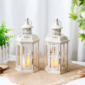 10 inch high vintage-style hanging lanterns, set of 2, white distressed metal by JHY DESIGN