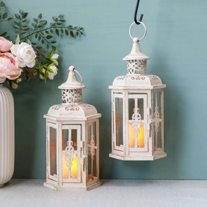 Decorative hanging lanterns set of 2; JHY DESIGN 10-inch vintage white distressed metal candle lanterns.