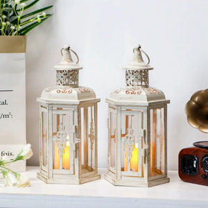 Hanging lanterns set of 2, 10-inch high vintage distressed white metal with warm candle glow