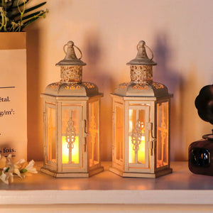 Decorative candle lanterns by JHY DESIGN, vintage-style gray metal hanging set of 2 with glass panels.