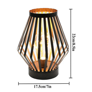 8.7H tall Diamond-shaped battery-powered table lamp by JHY DESIGN; copper-gold metal cage, black base.