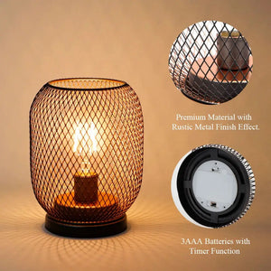 Set of 2 egg-shaped battery-operated LED table lanterns by JHY DESIGN in rustic metal mesh finish.