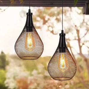 Set of 2 hanging pendant lamps with teardrop wire-mesh cages in black finish, battery-operated