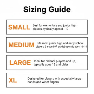Perfect Jump Shot Glove sizing guide for basketball training, showing 4 sizes: Small, Medium, Large, XL.