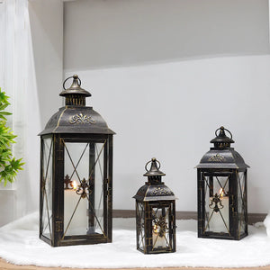 Set of 3 JHY DESIGN hanging candle lanterns in black metal, 19in, 13.5in and 9.5in tall.