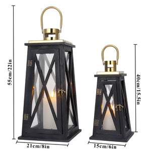 Decorative Candle Lanterns: Set of 2 farmhouse wooden lanterns, black trapezoid with glass panels JHY DESIGN
