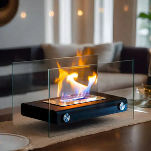 14-inch portable tabletop gel-ethanol fireplace with black base and clear glass panels