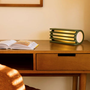 Radiator Table Lamp by Terra Labs, green metal frame on a wooden desk