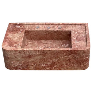 Red travertine rectangular wall-mount bathroom sink, 30in L x 16in W x 8in H, with three faucet holes