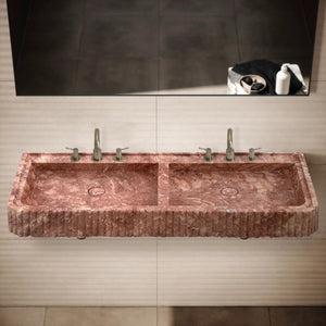 Villohome red travertine double bathroom vanity with fluted front and edges, two sink cutouts.