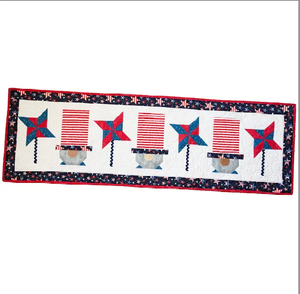 Quilt kit Patriotic Gnomes Quilted Table Runner, red, white and blue fabrics