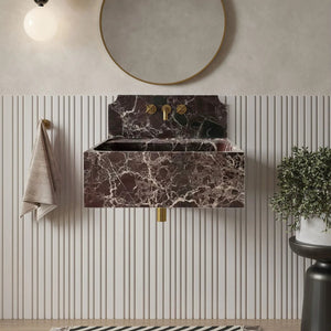 Rosso Levanto marble wall-mount bathroom sink with 11-inch backsplash by Villohome