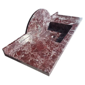 Rosso Levanto marble rectangular wall-mount bathroom sink, red marble with white veining, round back panel.
