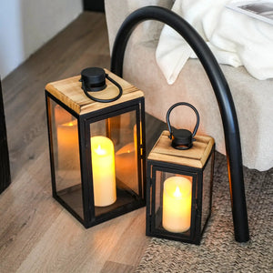Set of 2 JHY DESIGN black metal candle lanterns with wood tops, 16in and 11in