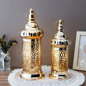 Ramadan lanterns set of 2 gold metal electric candle holders