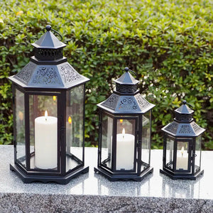 Set of 3 black hexagonal candle lanterns in 18, 13, and 10 in with glass panels and vintage perforated roofs by JHY DESIGN