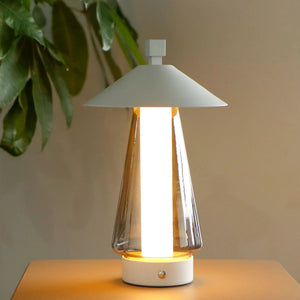 JHY DESIGN 3-Way Dimmable Bedside Lamp, 12-inch height, umbrella-shaped white shade with wooden base