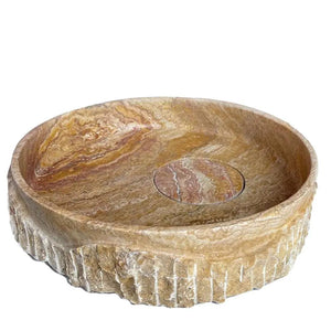 Stone vanity sink by Villohome, Scabos Gold travertine rustic round above-counter basin, 18" diameter