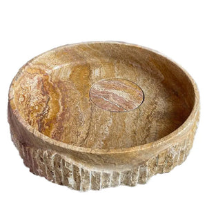Scabos Gold Travertine Rustic stone bathroom sink by Villohome, above vanity, 18in dia x 4in high