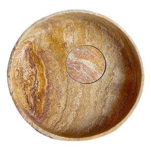 Scabos Gold Travertine Rustic stone bathroom sink, round above-vanity bowl, 18in diameter x 4in height.