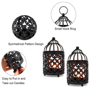 Set of 6 black hanging birdcage tealight lanterns, 5.5 in tall, with ornate symmetrical metal pattern