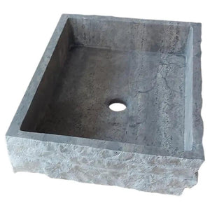 Silver travertine wall-mount bathroom sink with split-face exterior, 16–20 in wide, 5 in high, center drain.