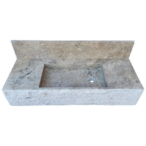 Silver travertine rustic rectangular wall-mount bathroom sink by Villohome with 8-inch backsplash.