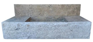 Rectangular wall-mount bathroom sink in silver travertine, Villohome rustic style with 8-inch backsplash