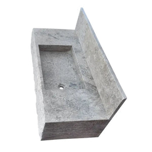 Rectangular wall-mount bathroom sink in silver travertine with 8-inch backsplash