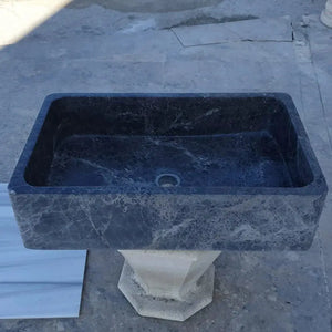 Natural Stone Sirius Black marble rectangular bathroom sink on a pedestal base, polished finish