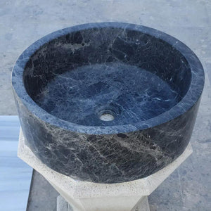 Natural Stone Sirius Black Marble bathroom sink, above-vanity circular polished blue-black stone basin.