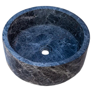 Round blue-black Sirius Black marble bathroom sink, above-counter vanity vessel with polished natural stone.