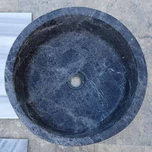 Villohome Sirius Black marble bathroom sink, round above-counter vanity, polished dark blue stone with white veining.