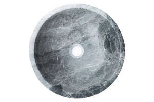 Villohome Sirius gray marble vessel sink, round above-counter polished gray stone with center drain