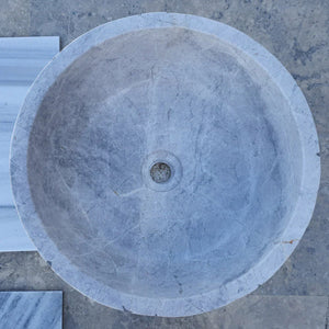 Sirius Silver Marble natural stone bathroom sink, round, grey-veined finish, 16-inch diameter with central drain